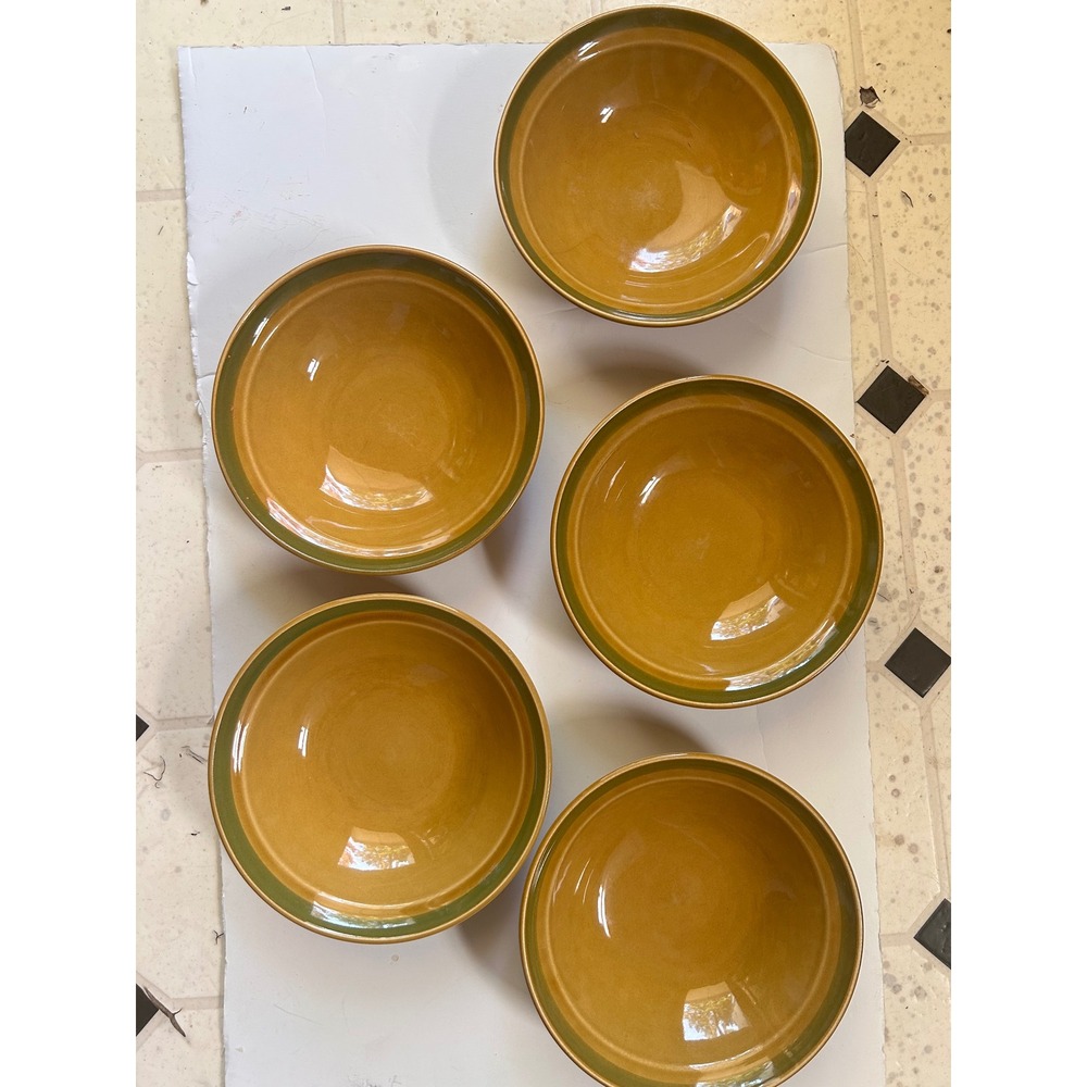 Vintage Crest-Stone Tripoli Bowls Set of 5 Mustard Yellow Green MCM Japan S-518